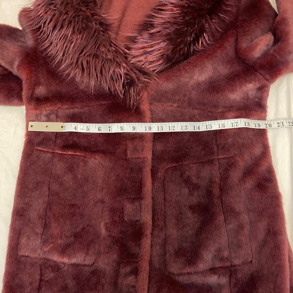 Long Reversible Teddy Coat in Burgundy with Faux Fur Trim - Picture 12 of 14